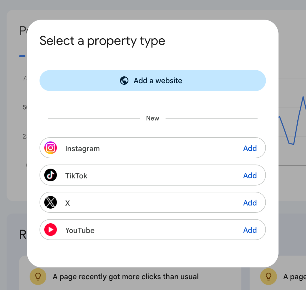 Google Search Console Select a property type dialog showing Instagram, TikTok, X, and YouTube options